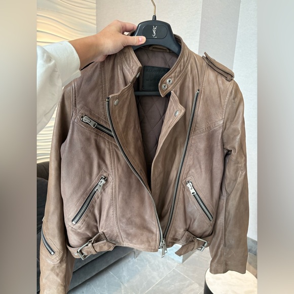 AllSaints Lamb Leather Biker Jacket Natural Pointed Collar Padded Inside US 10 - Picture 13 of 16